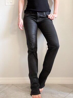 Hudson Y2K Black Coated Denim Bootleg Flare Pants - Faux Leather Rocker Denim